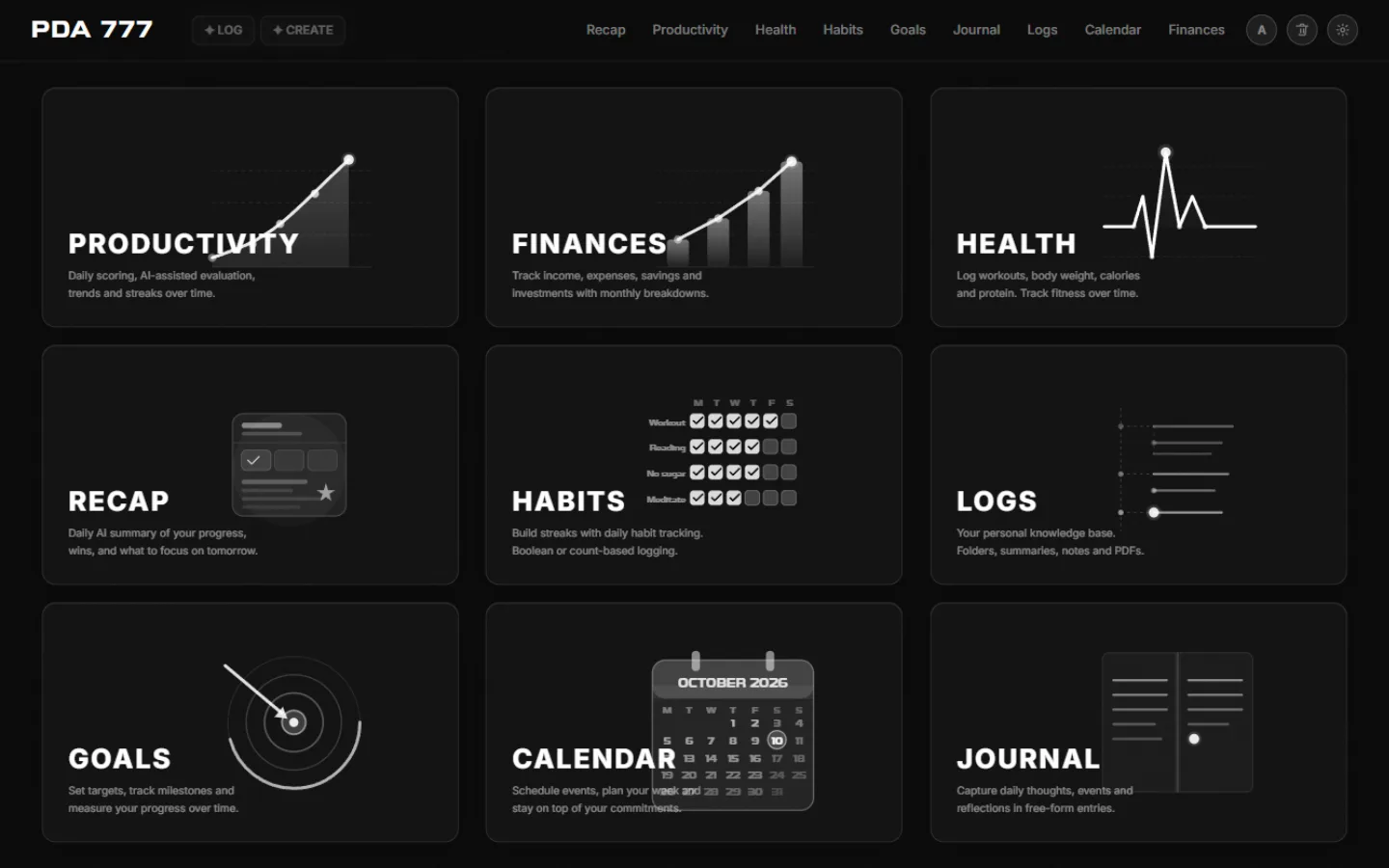 pda777 dashboard: a three-by-three grid of module cards (productivity, finances, health, recap, habits, logs, goals, calendar, journal) on a dark interface