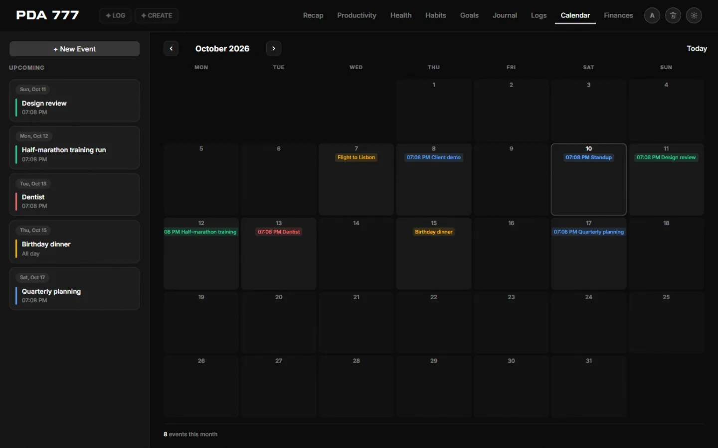 pda777 calendar view: a month grid with colored events beside an upcoming list