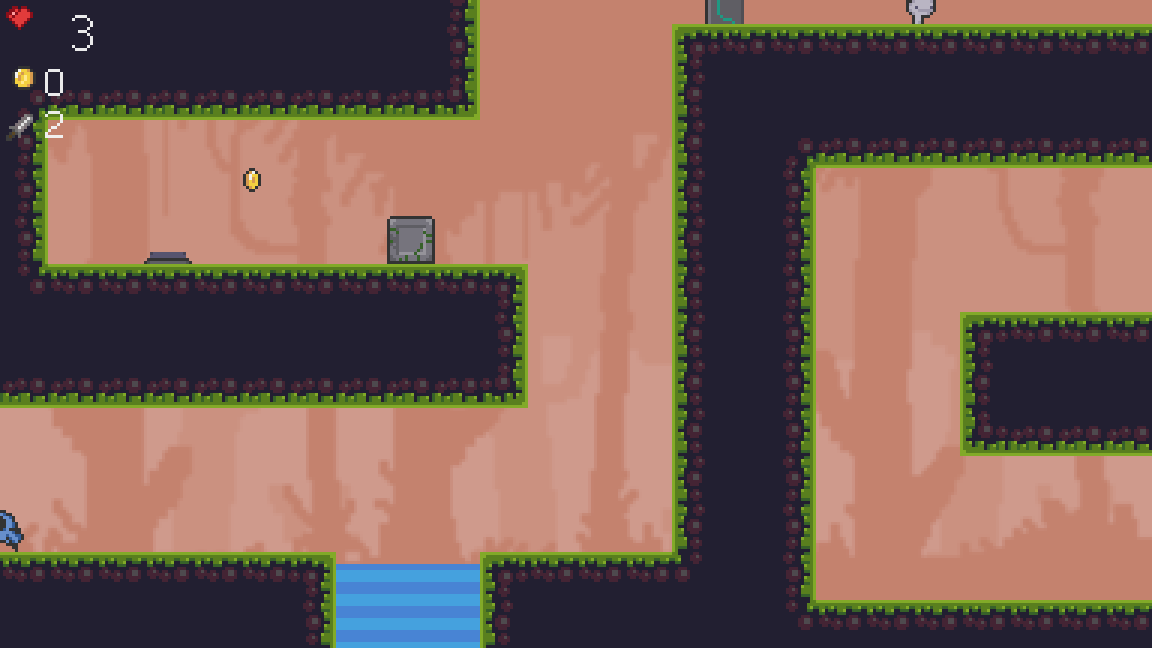 Level 1 of Ninjas World: HUD with hearts, coins and attack cooldown, a coin to collect, the pushable stone and button, a waterfall below
