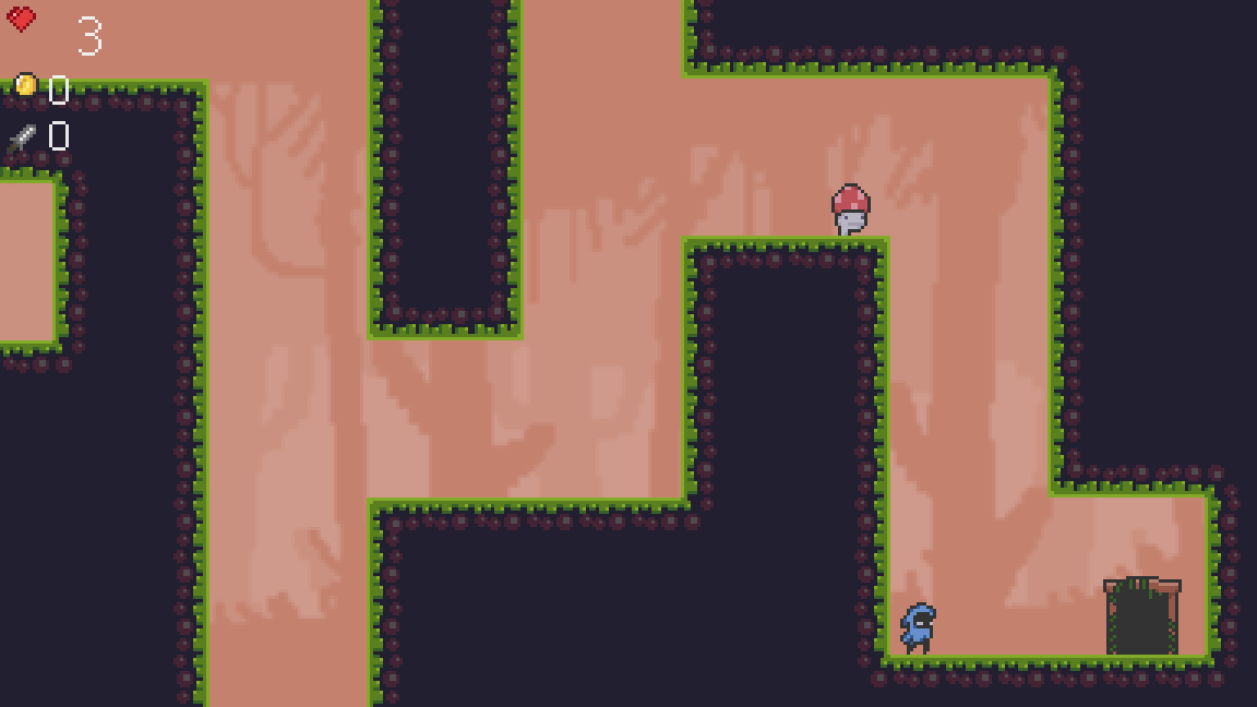 Level 2: the player beside the stone door in the bottom right, a mushroom enemy patrolling the ledge above