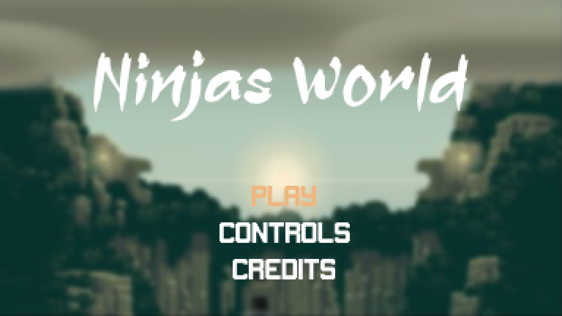 The Ninjas World title screen: PLAY, CONTROLS and CREDITS over a pixel-art canyon background