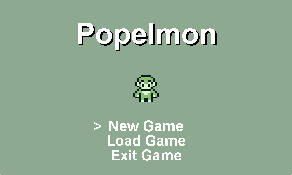 The Popelmon title screen: New Game, Load Game and Exit Game under a small green sprite