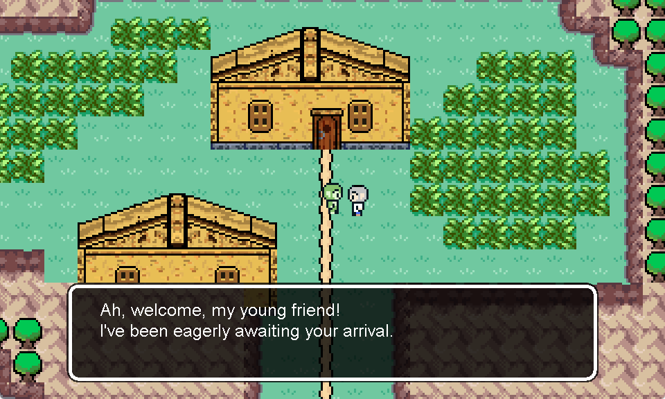 A dialogue box in the village reading: Ah, welcome, my young friend! I've been eagerly awaiting your arrival.