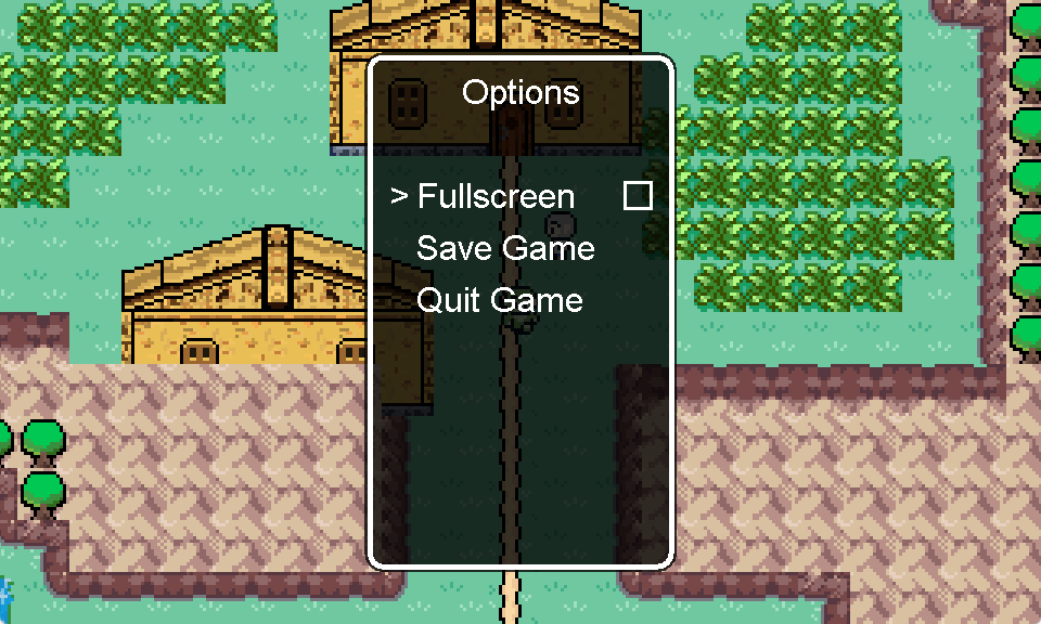 The pause menu with a Fullscreen checkbox, Save Game and Quit Game