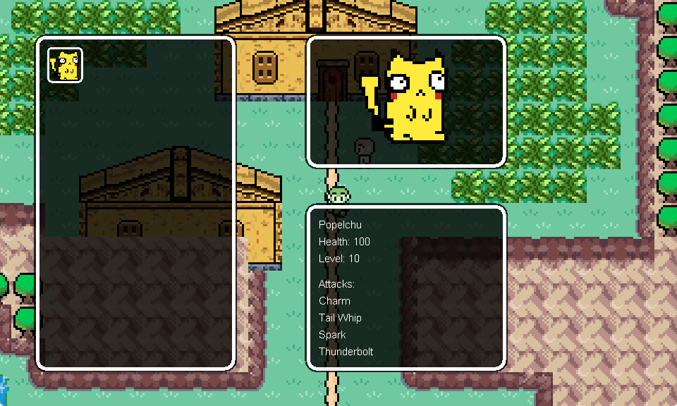 The inventory screen showing Popelchu's card: Health 100, Level 10, attacks Charm, Tail Whip, Spark, Thunderbolt