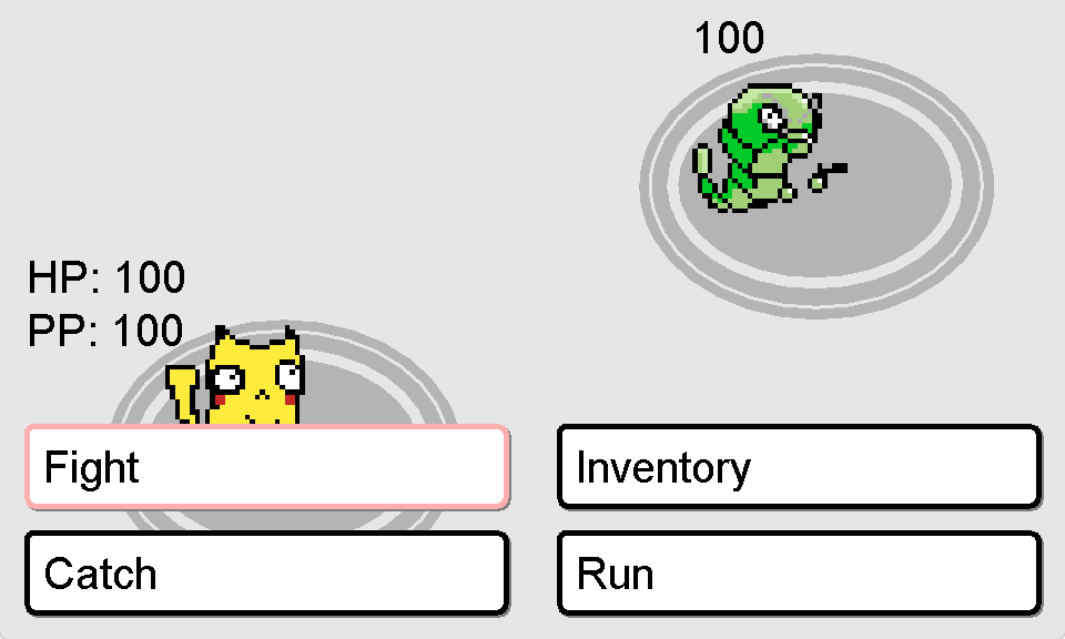 The Popelmon fight screen: Popelchu facing a wild monster, Fight, Inventory, Catch and Run buttons below