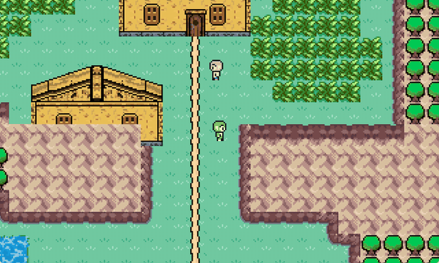 Animated capture of Popelmon gameplay: the player walking through a village with two houses and talking to a villager