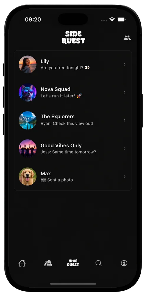 The SideQuest chats list: friends and groups, their last messages below each name.
