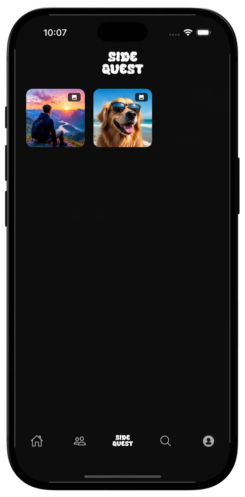 The SideQuest feed: finished quests posted as photo cards for the group to judge.