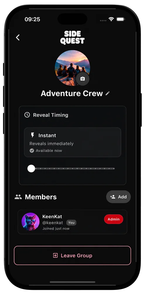 A SideQuest group screen with its reveal timing and member list.