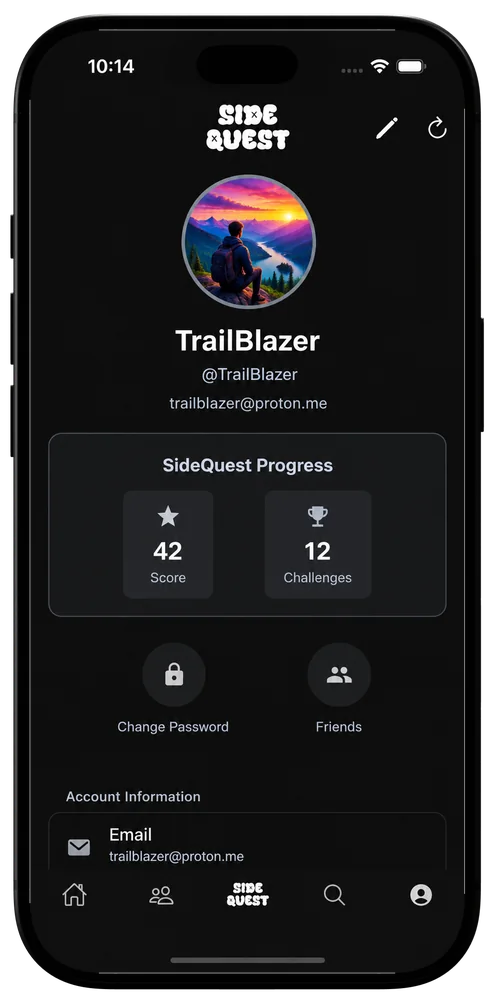 A SideQuest profile with the owner's score and completed challenges.