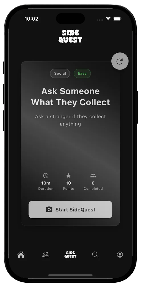 A SideQuest quest card: Ask Someone What They Collect, a social challenge.