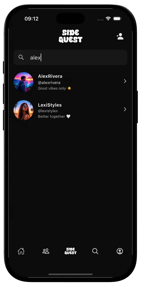 Finding friends by username in SideQuest.